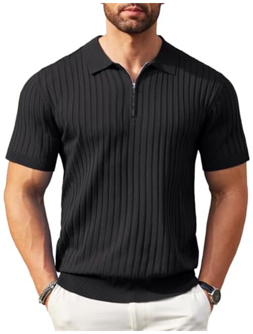 COOFANDY Men's Zipper Polo Shirts Short Sleeve Ribbed Knit Polo T Shirts Fashion Casual Golf Shirts