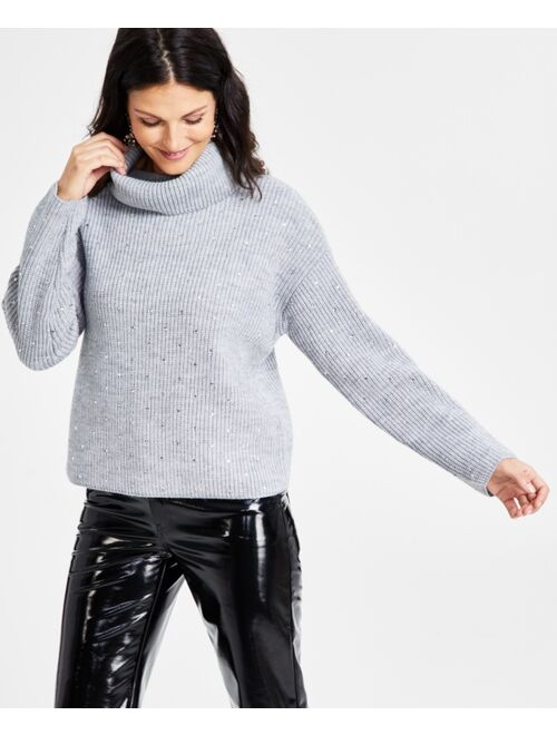 INC International Concepts I.N.C. International Concepts Women's Metallic-Knit Studded Turtleneck Sweater, Created for Macy's