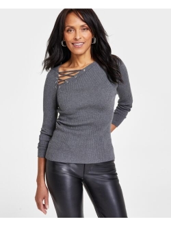 Women's Asymmetric-Lace-Up-Neck Sweater, Created for Macy's