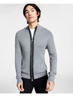 Men's Silas Regular-Fit Ribbed-Knit Full-Zip Mock Neck Cardigan with Faux-Leather Trim, Created for Macy's