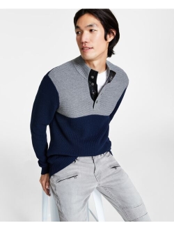 Men's Regular-Fit Colorblocked Textured 1/4-Snap Mock-Neck Sweater, Created for Macy's