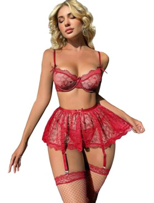 WDIRARA Women's Heart Lace Bow Cheeky Thong Exotic Garter Lingerie Set with Stockings