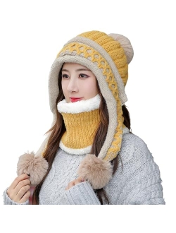 Huamulan Women Winter Beanie Hat Peruvian Circle Scarf Set Ski Ear Flaps Caps Dual Layered Fleece Lined Pompoms