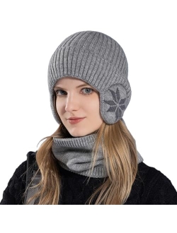 Huamulan Women Winter Beanie Hat Peruvian Circle Scarf Set Ski Ear Flaps Caps Dual Layered Fleece Lined Pompoms