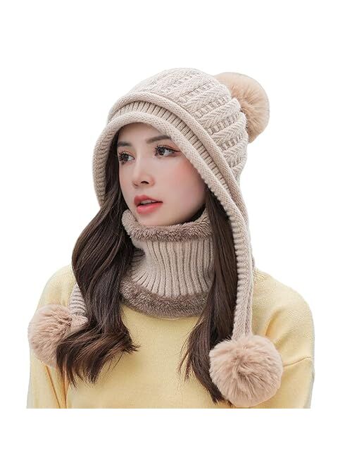 Huamulan Women Winter Beanie Hat Peruvian Circle Scarf Set Ski Ear Flaps Caps Dual Layered Fleece Lined Pompoms