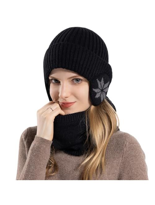 Huamulan Women Winter Beanie Hat Peruvian Circle Scarf Set Ski Ear Flaps Caps Dual Layered Fleece Lined Pompoms