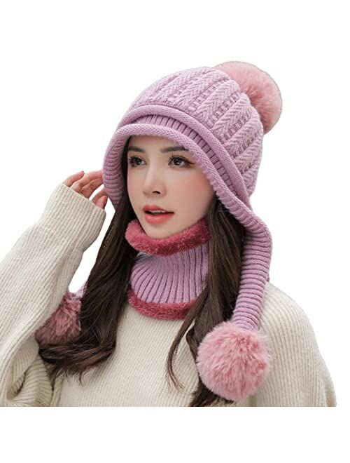 Huamulan Women Winter Beanie Hat Peruvian Circle Scarf Set Ski Ear Flaps Caps Dual Layered Fleece Lined Pompoms