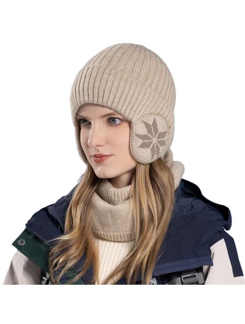 Huamulan Women Winter Beanie Hat Peruvian Circle Scarf Set Ski Ear Flaps Caps Dual Layered Fleece Lined Pompoms