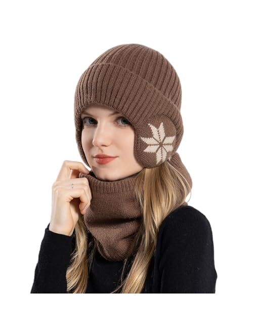 Huamulan Women Winter Beanie Hat Peruvian Circle Scarf Set Ski Ear Flaps Caps Dual Layered Fleece Lined Pompoms