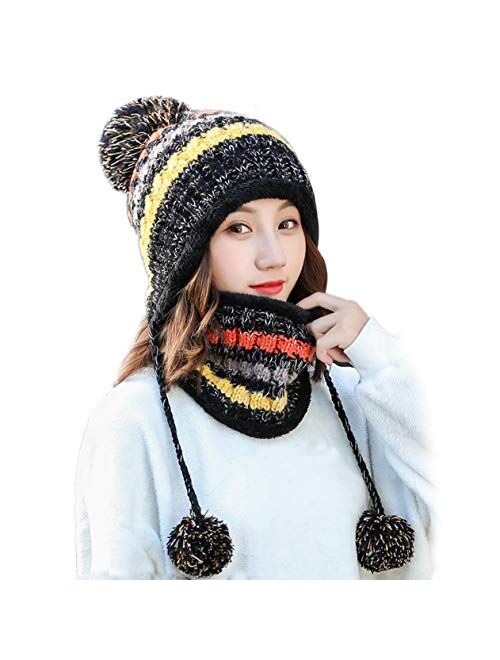 Huamulan Women Winter Beanie Hat Peruvian Circle Scarf Set Ski Ear Flaps Caps Dual Layered Fleece Lined Pompoms