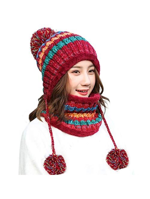 Huamulan Women Winter Beanie Hat Peruvian Circle Scarf Set Ski Ear Flaps Caps Dual Layered Fleece Lined Pompoms