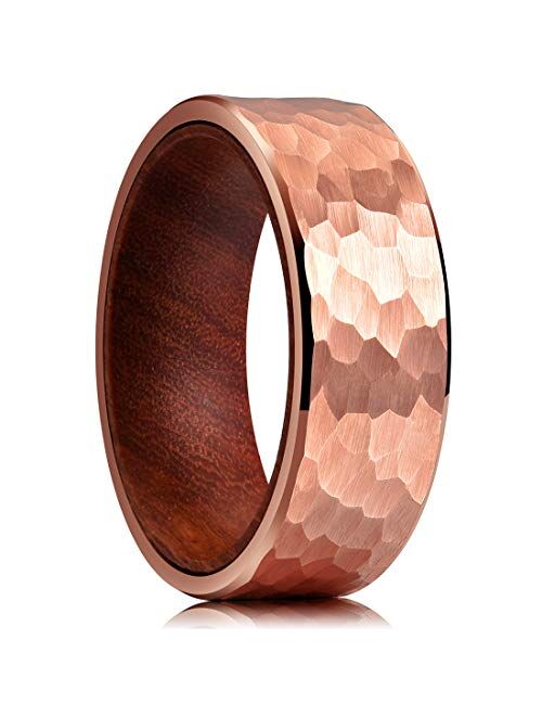 King Will 8mm Black/Rose Gold/Silver/Gold Tungsten Carbide Ring Inner Hole Inlaid Wood Hammered Texture Flat Style