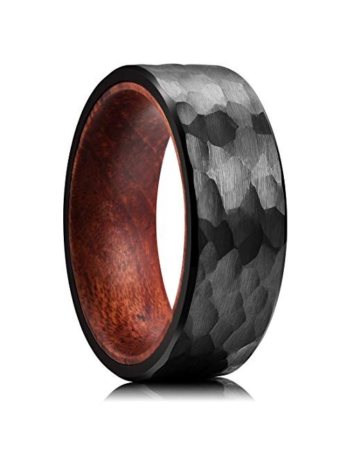 King Will 8mm Black/Rose Gold/Silver/Gold Tungsten Carbide Ring Inner Hole Inlaid Wood Hammered Texture Flat Style