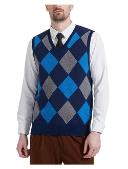 Kallspin Men's Argyle Vest Sweater Wool Blend V-Neck Sleeveless Pullover Sweater