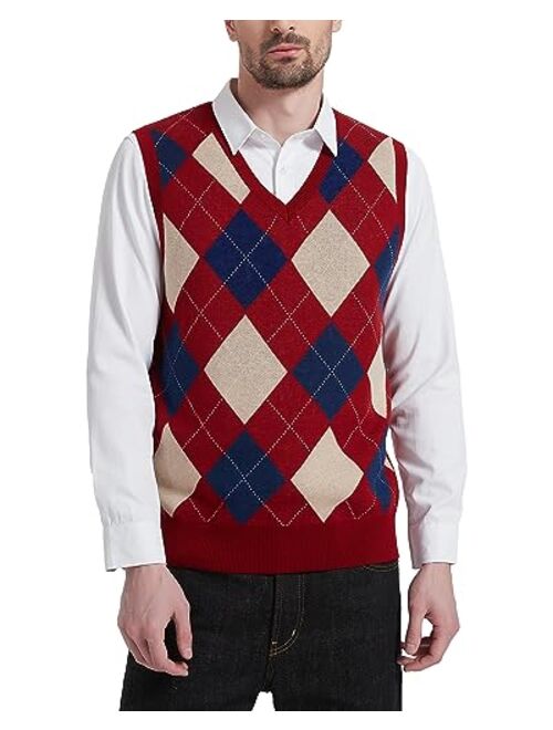 Kallspin Men's Argyle Vest Sweater Wool Blend V-Neck Sleeveless Pullover Sweater