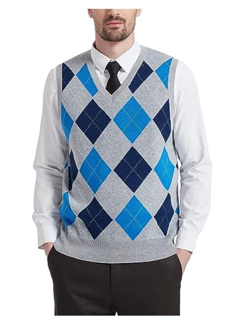 Kallspin Men's Argyle Vest Sweater Wool Blend V-Neck Sleeveless Pullover Sweater