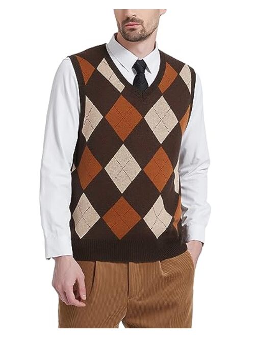 Kallspin Men's Argyle Vest Sweater Wool Blend V-Neck Sleeveless Pullover Sweater