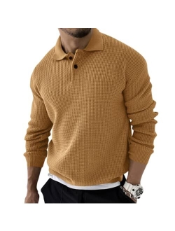 Angeun Mens Long Sleeve Polo Sweater Casual Quarter Button Up Lapel Collar Fall Winter Tops for Men