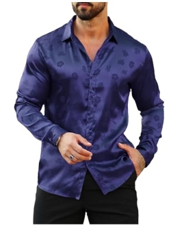 URRU Men's Silk Satin Dress Shirt Jacquard Button Up Shirts Slim Fit Long Sleeve Fashion Casual Shirts