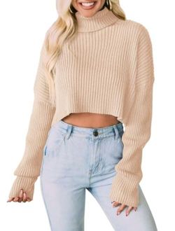 Women's 2023 Fall Winter Turtleneck Cropped Sweater Causal Ribbed Knit Long Sleeve Pullover Jumper Tops