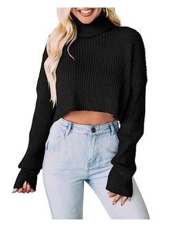 Women's 2023 Fall Winter Turtleneck Cropped Sweater Causal Ribbed Knit Long Sleeve Pullover Jumper Tops