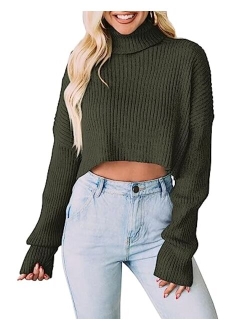 Women's 2023 Fall Winter Turtleneck Cropped Sweater Causal Ribbed Knit Long Sleeve Pullover Jumper Tops