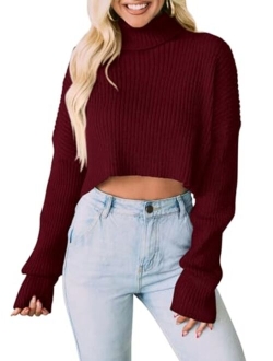 Women's 2023 Fall Winter Turtleneck Cropped Sweater Causal Ribbed Knit Long Sleeve Pullover Jumper Tops