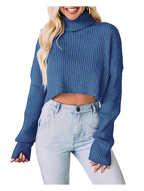 PRETTYGARDEN Women's 2023 Fall Winter Turtleneck Cropped Sweater Causal Ribbed Knit Long Sleeve Pullover Jumper Tops