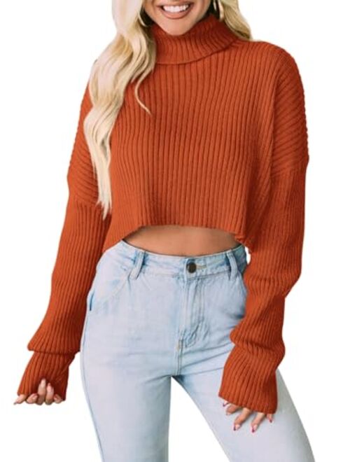 PRETTYGARDEN Women's 2023 Fall Winter Turtleneck Cropped Sweater Causal Ribbed Knit Long Sleeve Pullover Jumper Tops