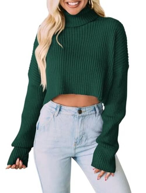 PRETTYGARDEN Women's 2023 Fall Winter Turtleneck Cropped Sweater Causal Ribbed Knit Long Sleeve Pullover Jumper Tops