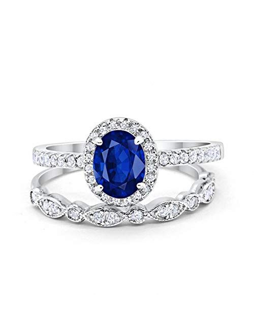 Blue Apple Co. Halo 2-Piece Art Deco Wedding Engagement Bridal Set Ring Band Oval Round Simulated Cubic Zirconia 925 Sterling Silver Choose Color