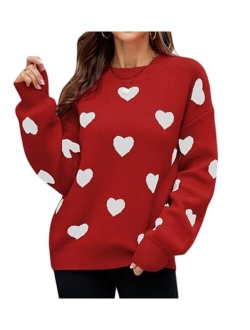 Luckinbaby Women's Cute Heart Sweater Love Print Valentines Day Knitted Top Casual Crewneck Long Sleeve Sweaters Pullover