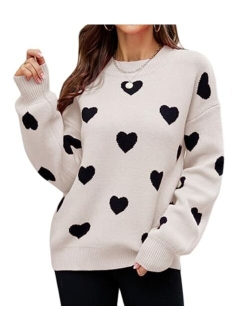 Luckinbaby Women's Cute Heart Sweater Love Print Valentines Day Knitted Top Casual Crewneck Long Sleeve Sweaters Pullover