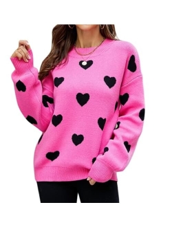 Luckinbaby Women's Cute Heart Sweater Love Print Valentines Day Knitted Top Casual Crewneck Long Sleeve Sweaters Pullover