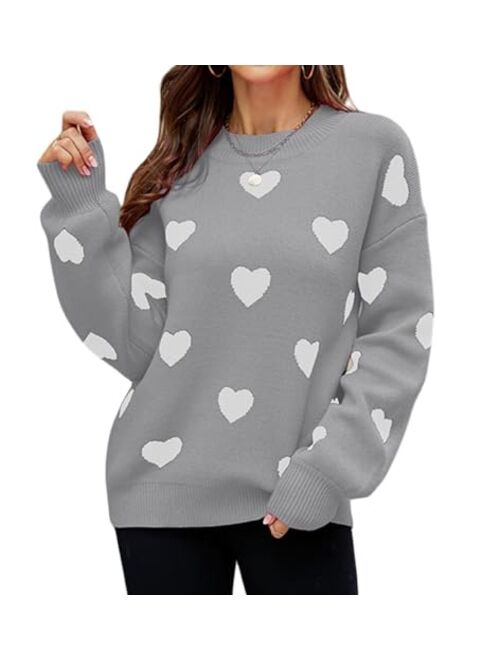 Luckinbaby Women's Cute Heart Sweater Love Print Valentines Day Knitted Top Casual Crewneck Long Sleeve Sweaters Pullover