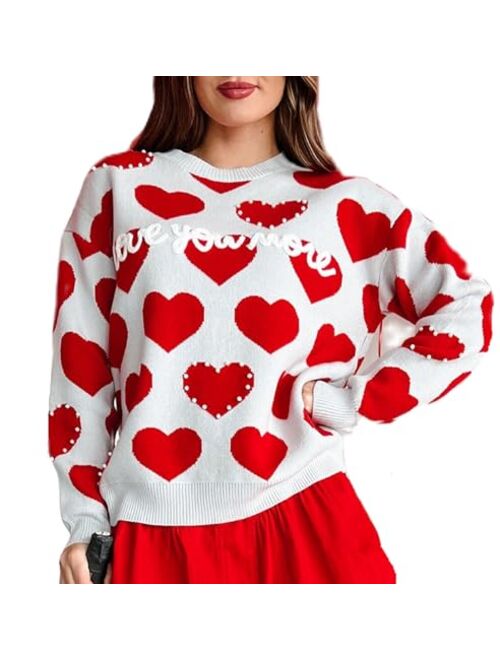 Luckinbaby Women's Cute Heart Sweater Love Print Valentines Day Knitted Top Casual Crewneck Long Sleeve Sweaters Pullover