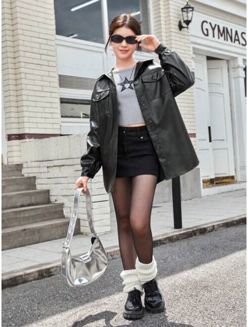 SHEIN Teen Girl Flap Pocket Drop Shoulder PU Leather Coat