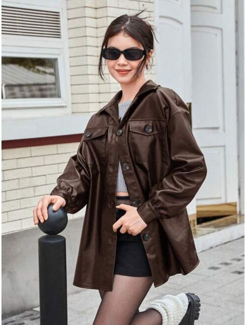 SHEIN Teen Girl Flap Pocket Drop Shoulder PU Leather Coat