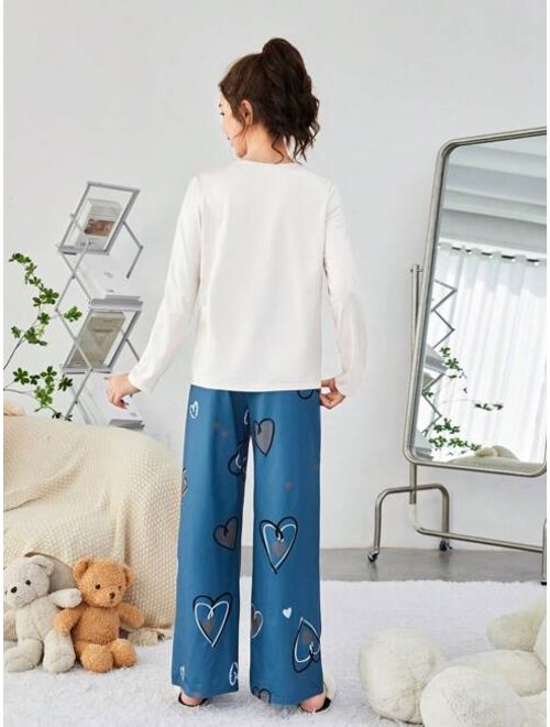 SHEIN Teenage Girls' Knitted Heart Pattern T-shirt And Long Pants Homewear