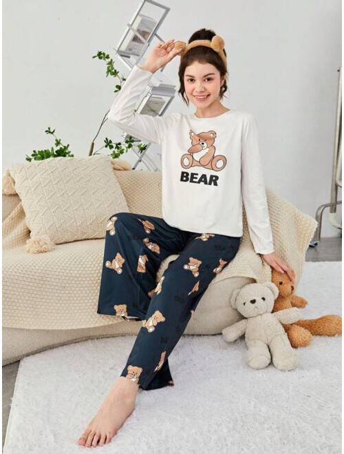 SHEIN Teen Girls' Knitted Teddy Bear Pattern T-shirt And Long Pants Pajama Set