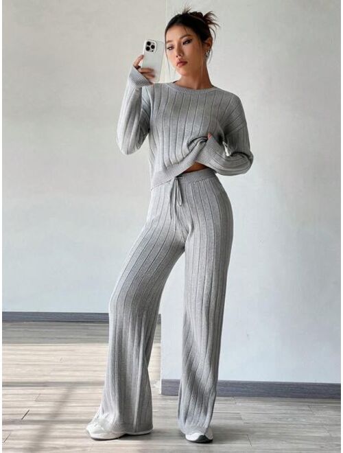 Shein Solid Sweater & Drawstring Waist Knit Pants