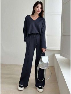 Drop Shoulder Sweater & Drawstring Waist Knit Pants