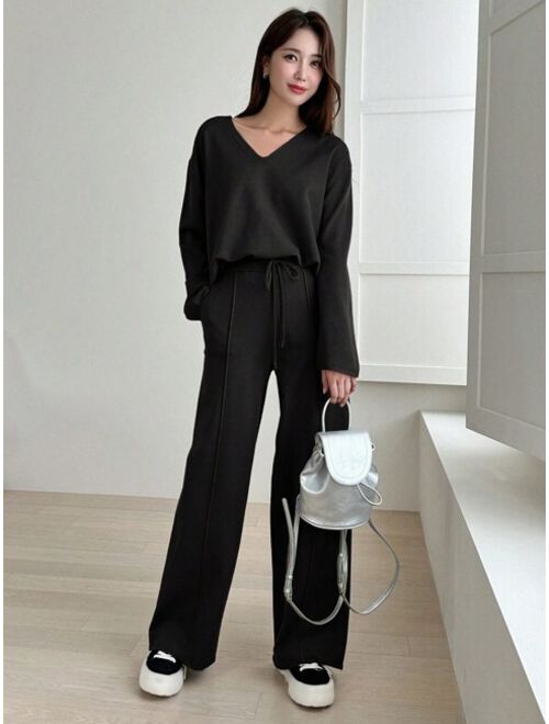 DAZY Drop Shoulder Sweater & Drawstring Waist Knit Pants