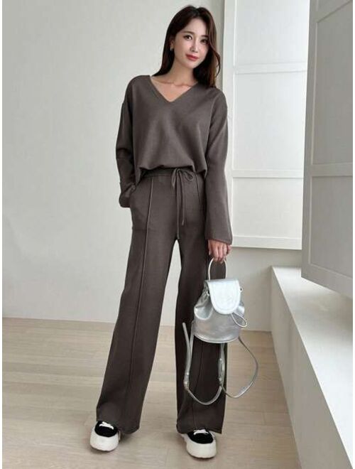 DAZY Drop Shoulder Sweater & Drawstring Waist Knit Pants