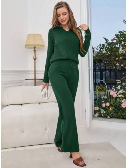 SHEIN Essnce Solid Ribbed Knit Sweater & Drawstring Waist Knit Pants