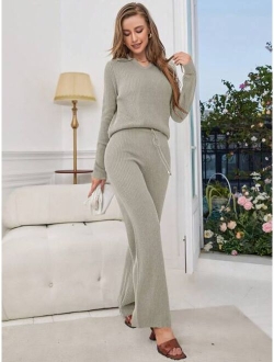 SHEIN Essnce Solid Ribbed Knit Sweater & Drawstring Waist Knit Pants