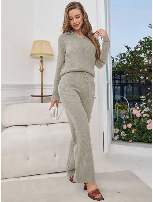 SHEIN Essnce Solid Ribbed Knit Sweater & Drawstring Waist Knit Pants