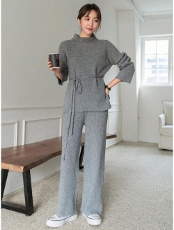 Star Women'S Solid Color Stand Collar Ribbed Knit Sweater And Wide Leg Pants Two-Piece Set