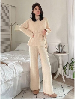 Star Women'S Solid Color Stand Collar Ribbed Knit Sweater And Wide Leg Pants Two-Piece Set