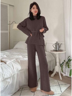 Star Women'S Solid Color Stand Collar Ribbed Knit Sweater And Wide Leg Pants Two-Piece Set